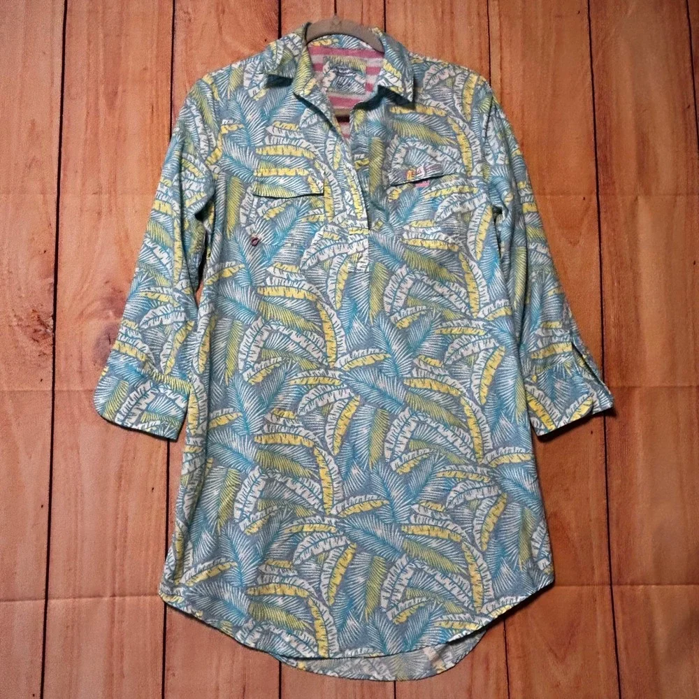 Vineyard Vines Performance Dress Women 2 Blue Yellow‎ Palm Tropic Coastal Preppy